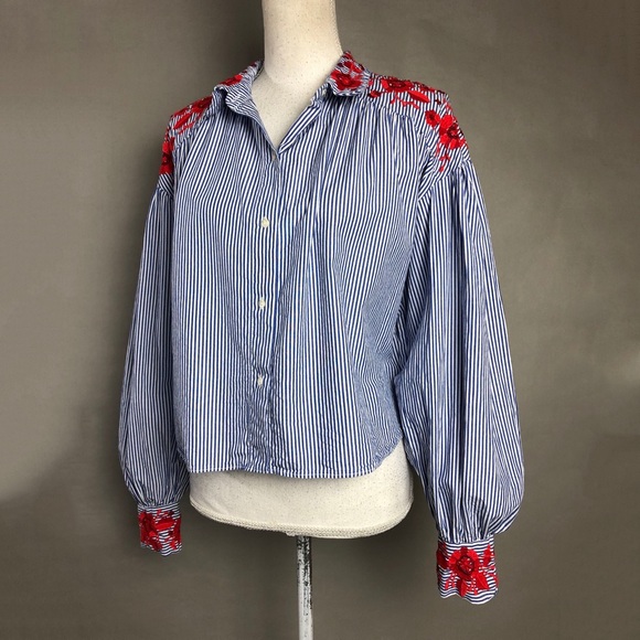 Zara Tops - Zara top blue white striped red floral embroidered